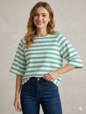 Cupio Blush Green White Striped Short Sleeve Top Boxy Cropped Hem XL